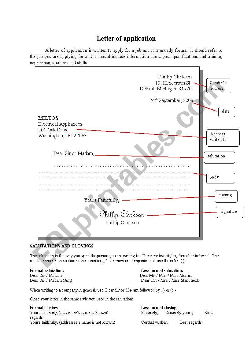 Letter of Application worksheet