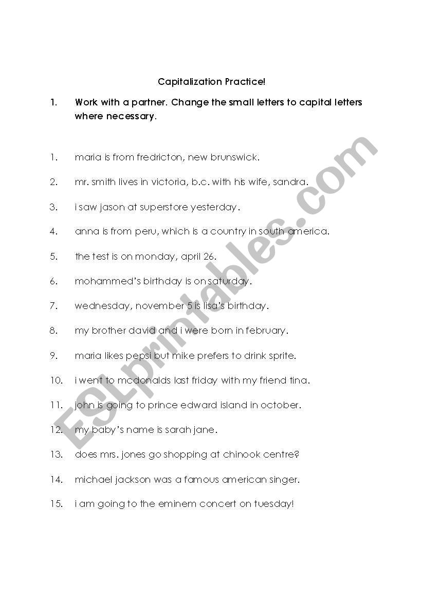 Capitalization Exercise worksheet