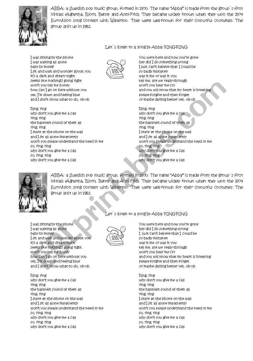 Ring ring song by Abba worksheet