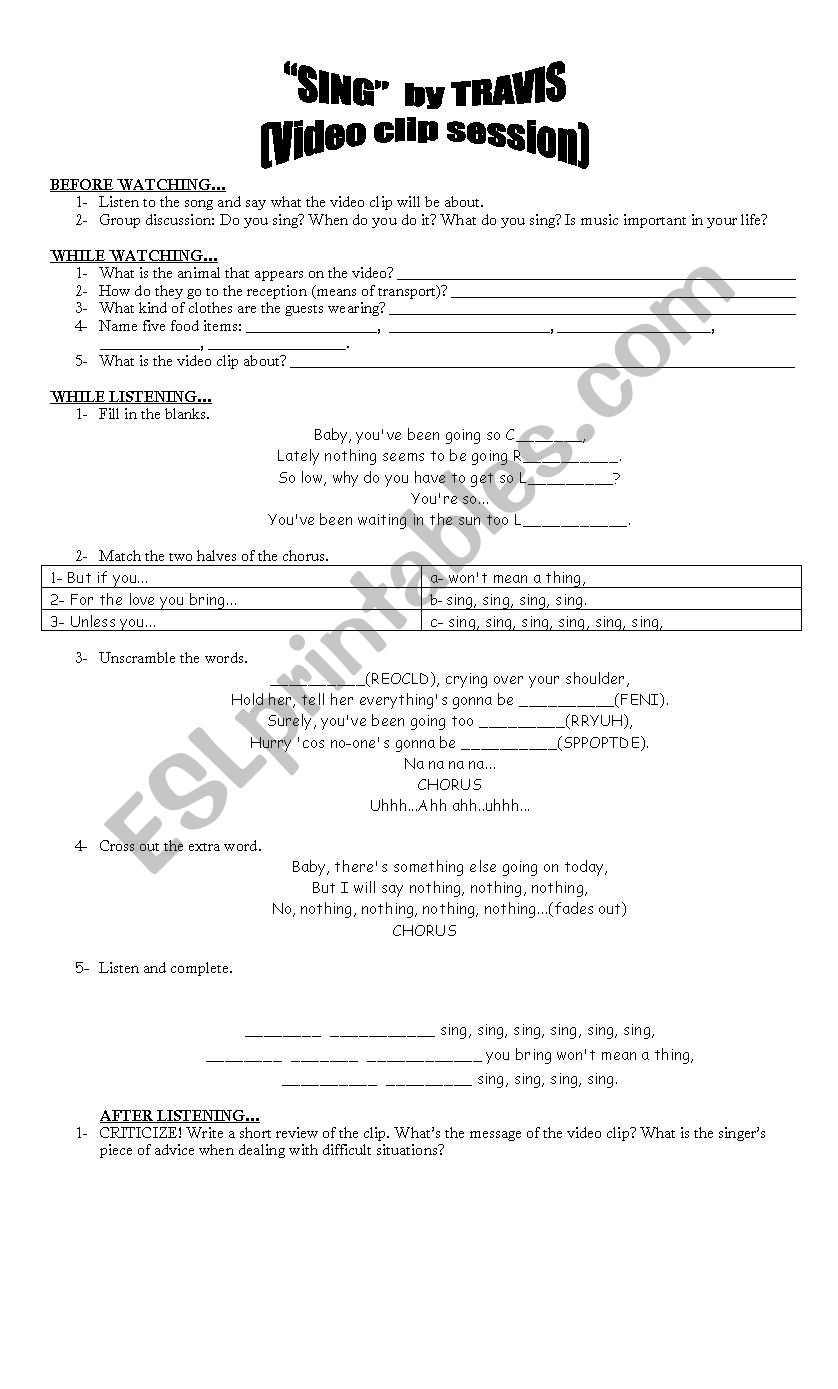 Sing by Travis worksheet