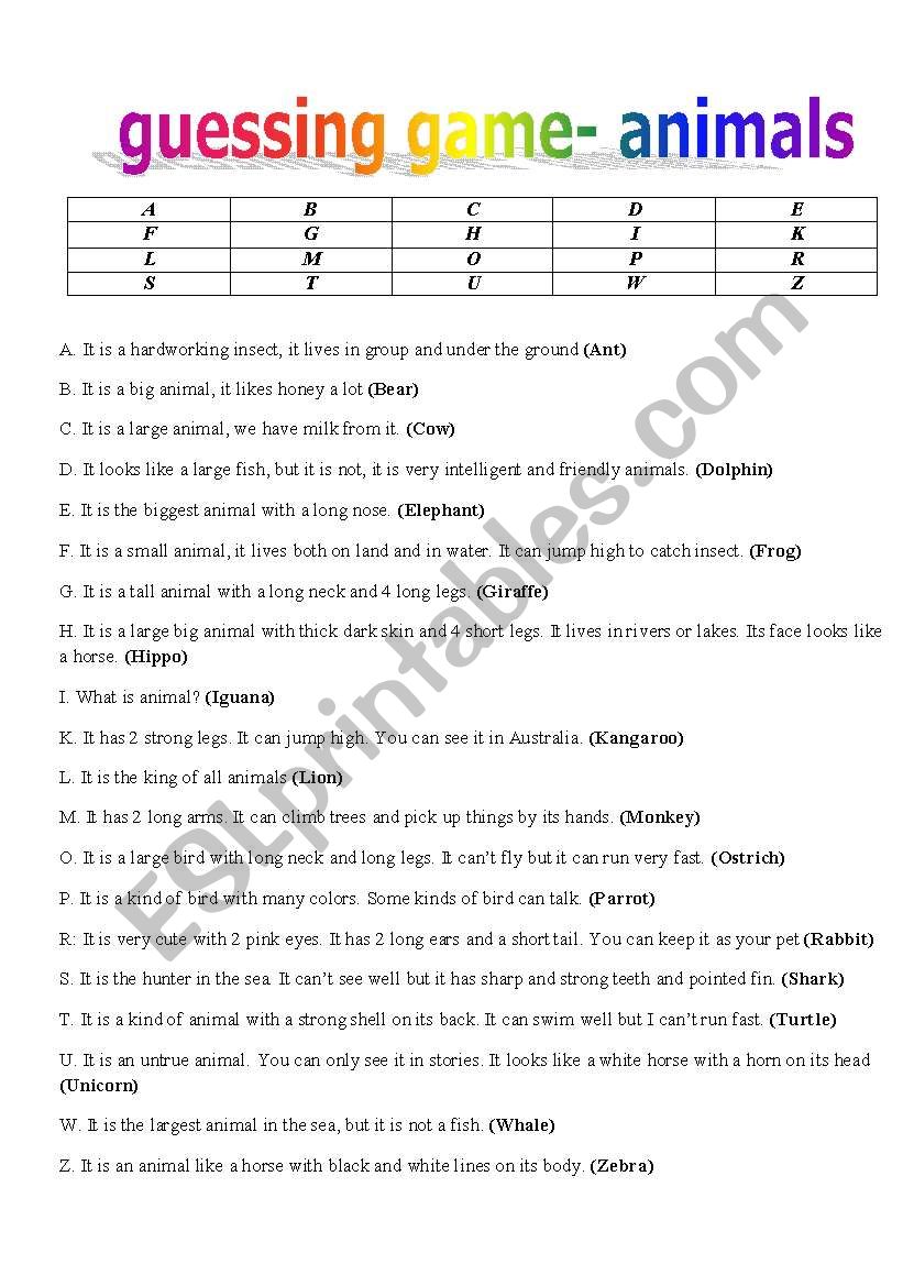 Guessing animals game worksheet