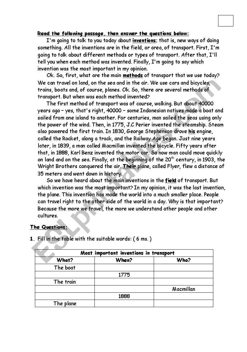 Inventions worksheet