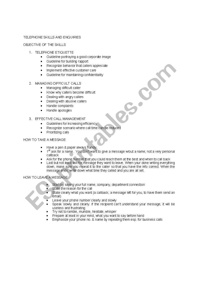 telephone skills worksheet