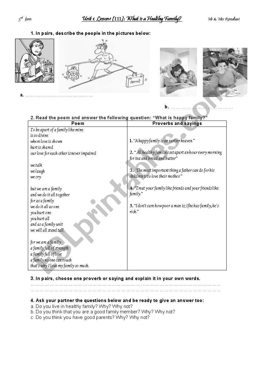 what is a healthy family? worksheet