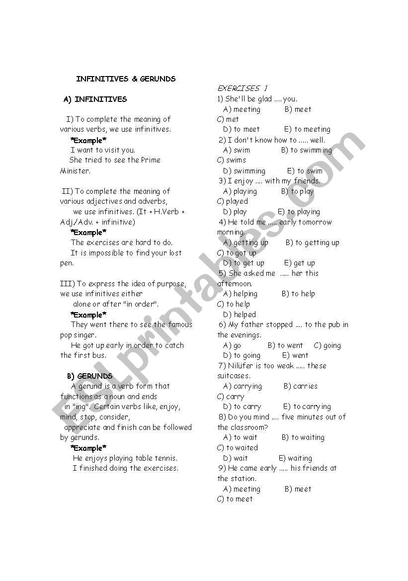 geruns and infinitives worksheet