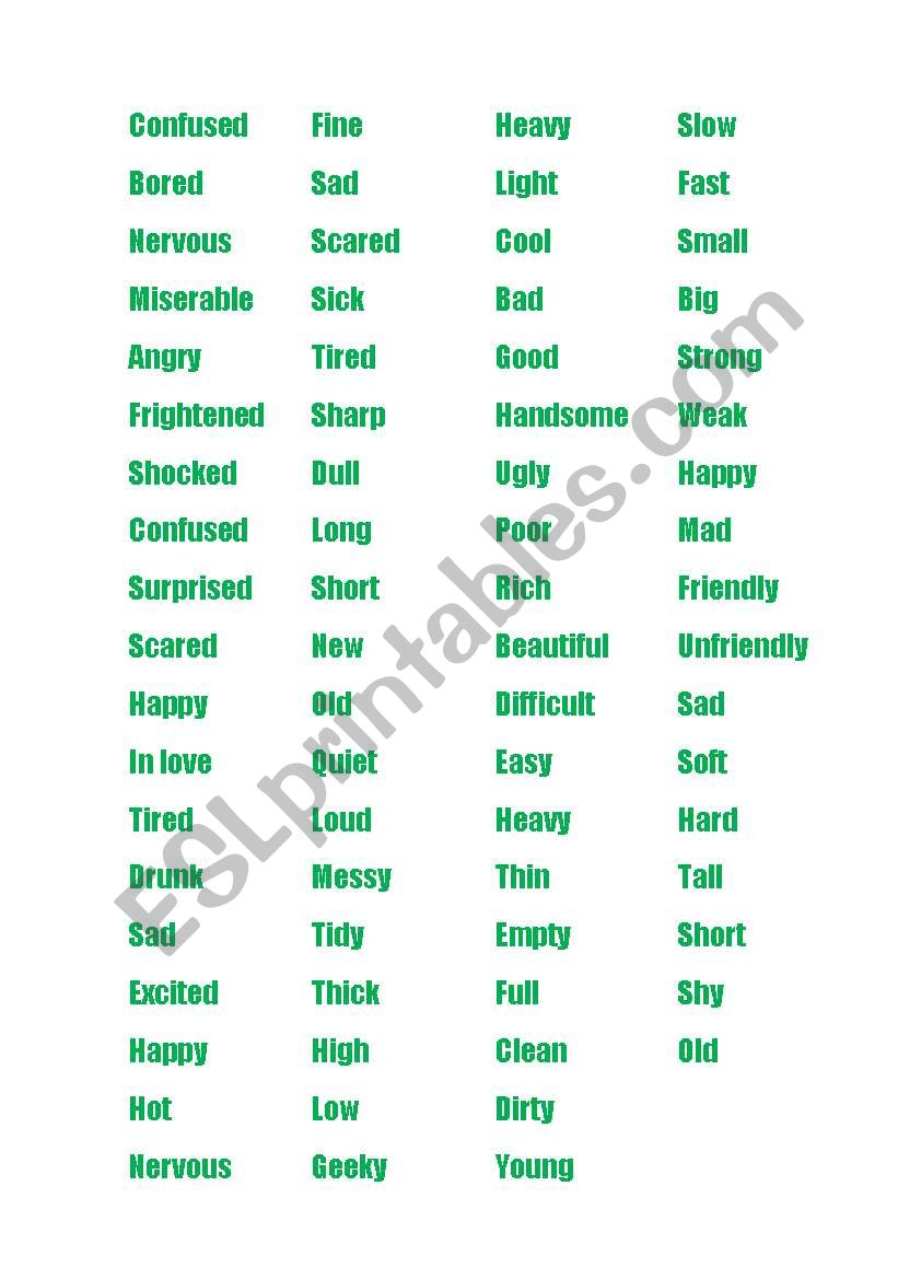 basic adjectives and emotions worksheet