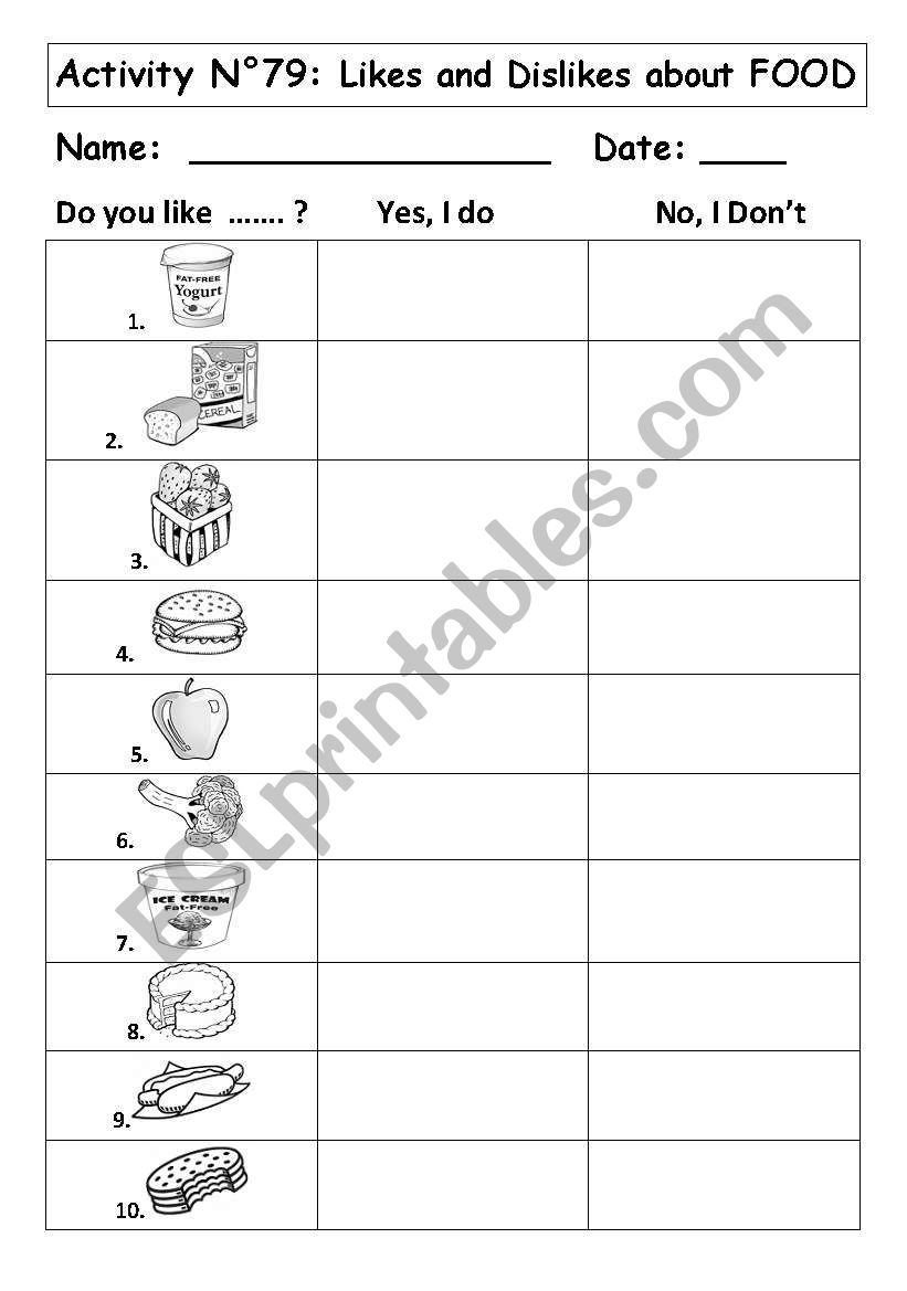 LIKES AND DISLIKES ABOUT FOOD worksheet