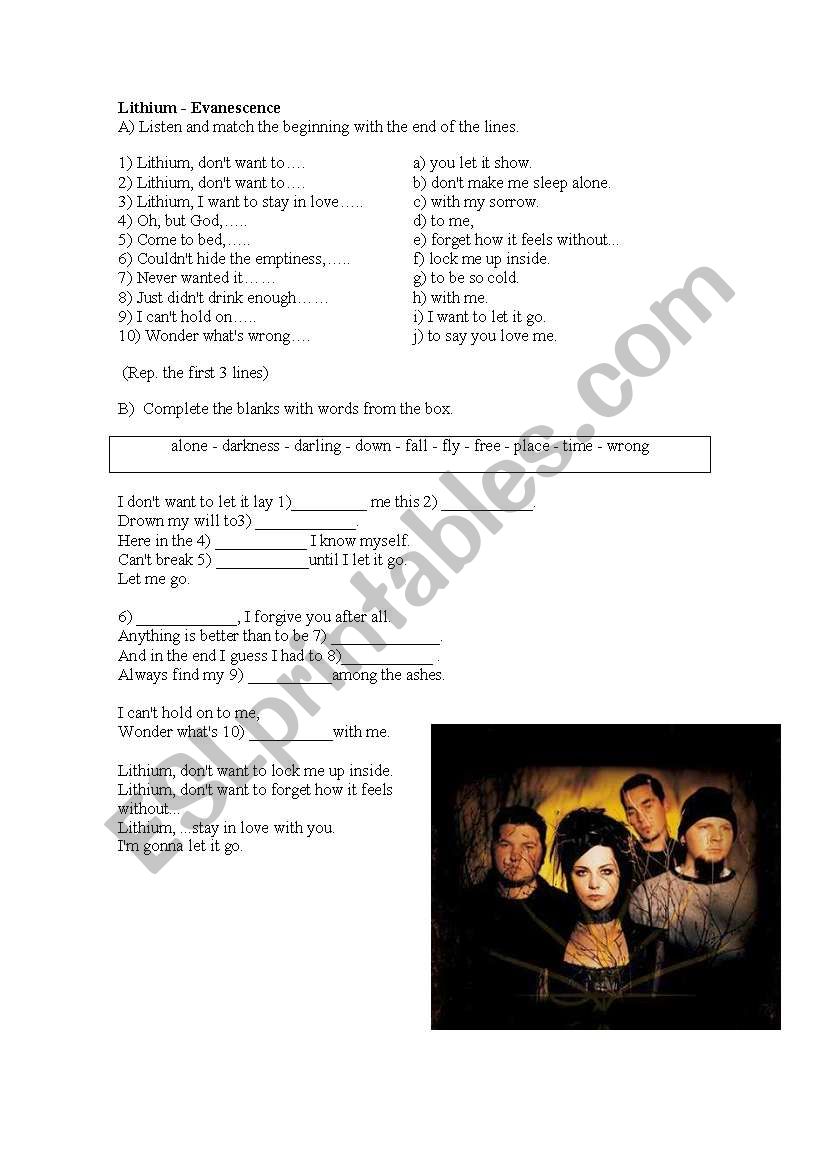SONG LITHIUM BY EVANESCENSE worksheet