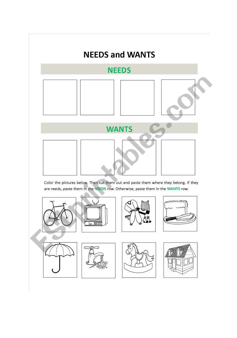 Needs and Wants worksheet