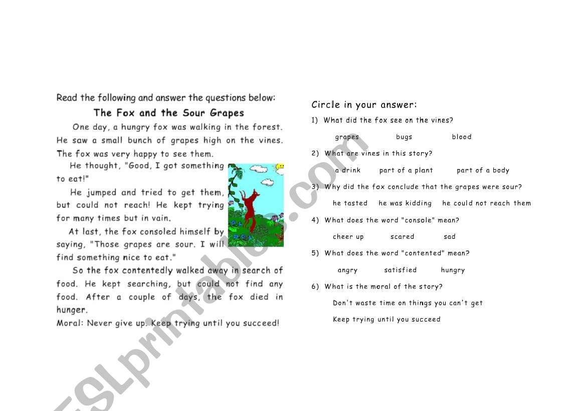 Reading Passage ( Fable) worksheet