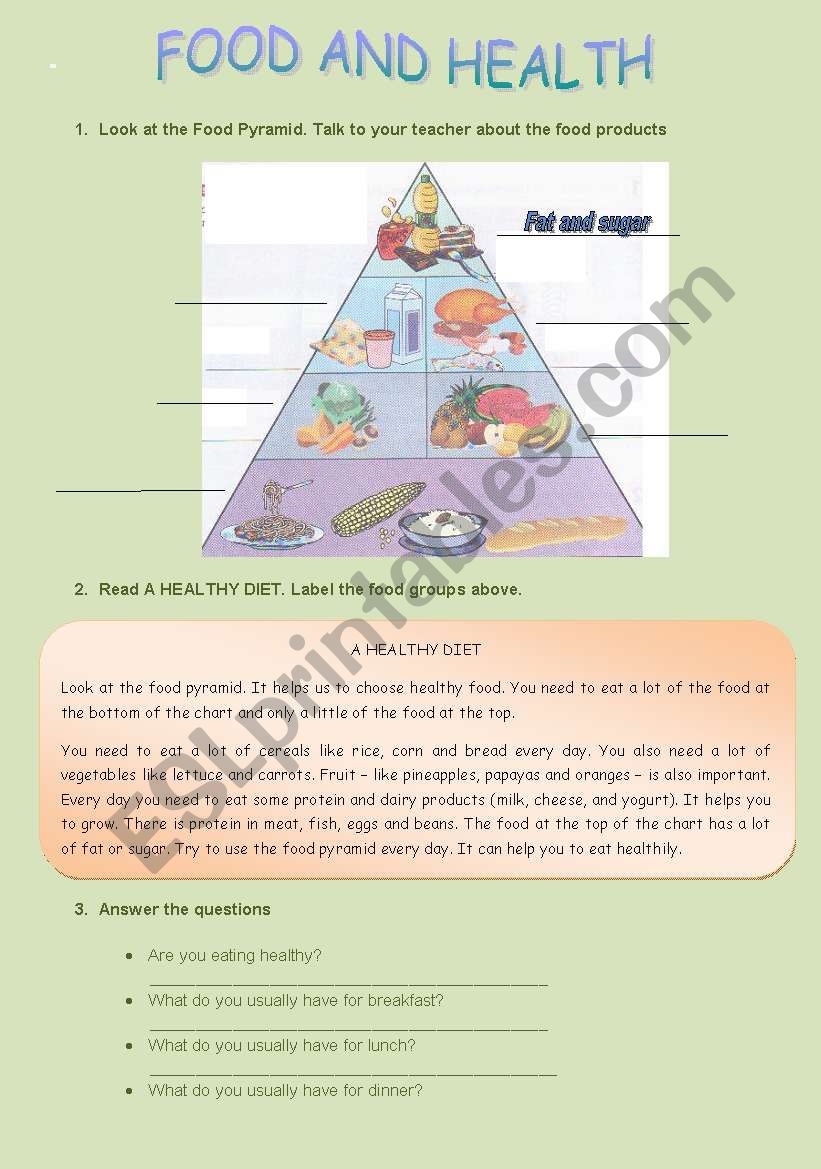 food and health worksheet