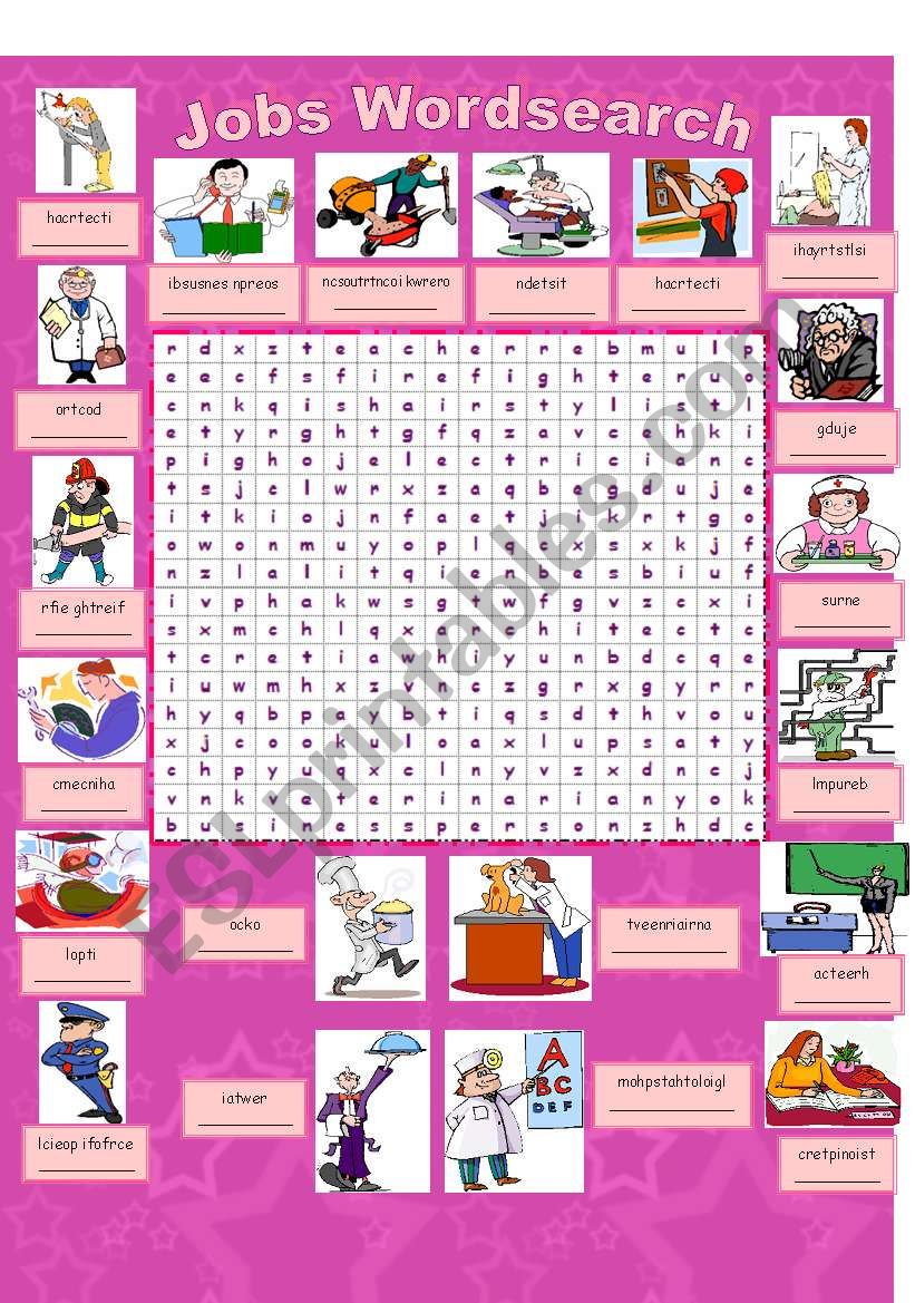 Jobs Wordsearch (b/w version and answer sheet)