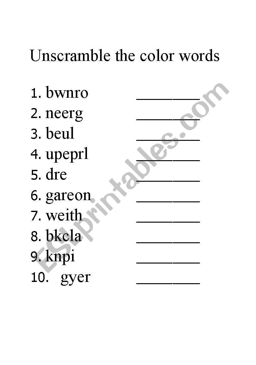 Unscramble the Colors worksheet