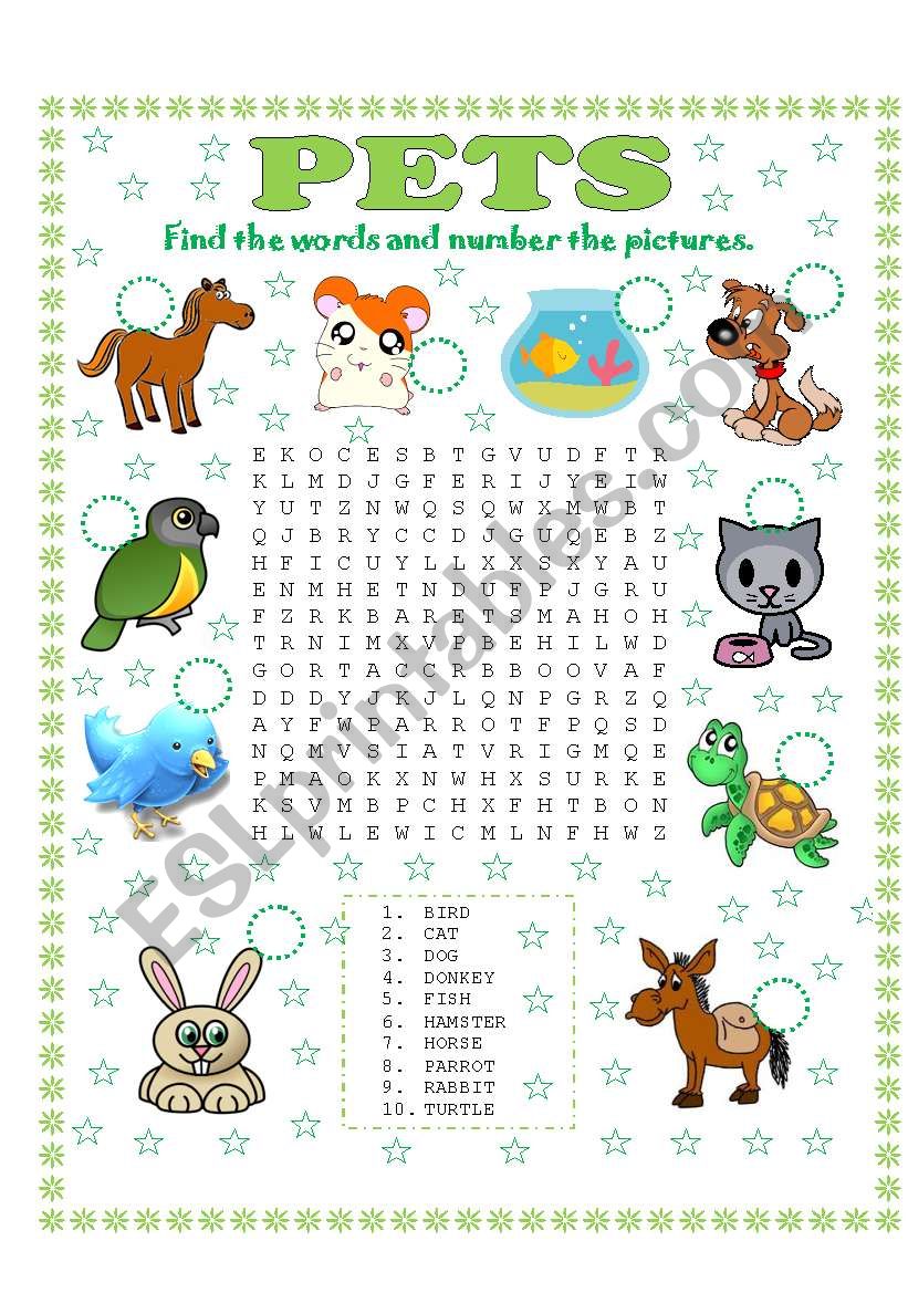 WORD SEARCH (PETS) AND NUMBER THE PICTURES