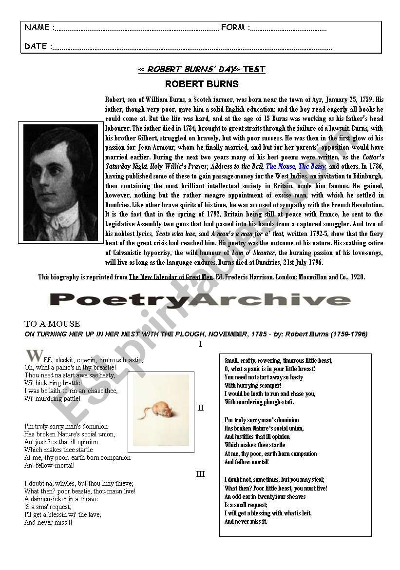 robert burns and his poetry : test (Special Days - step 22 : Robert Burns Day)