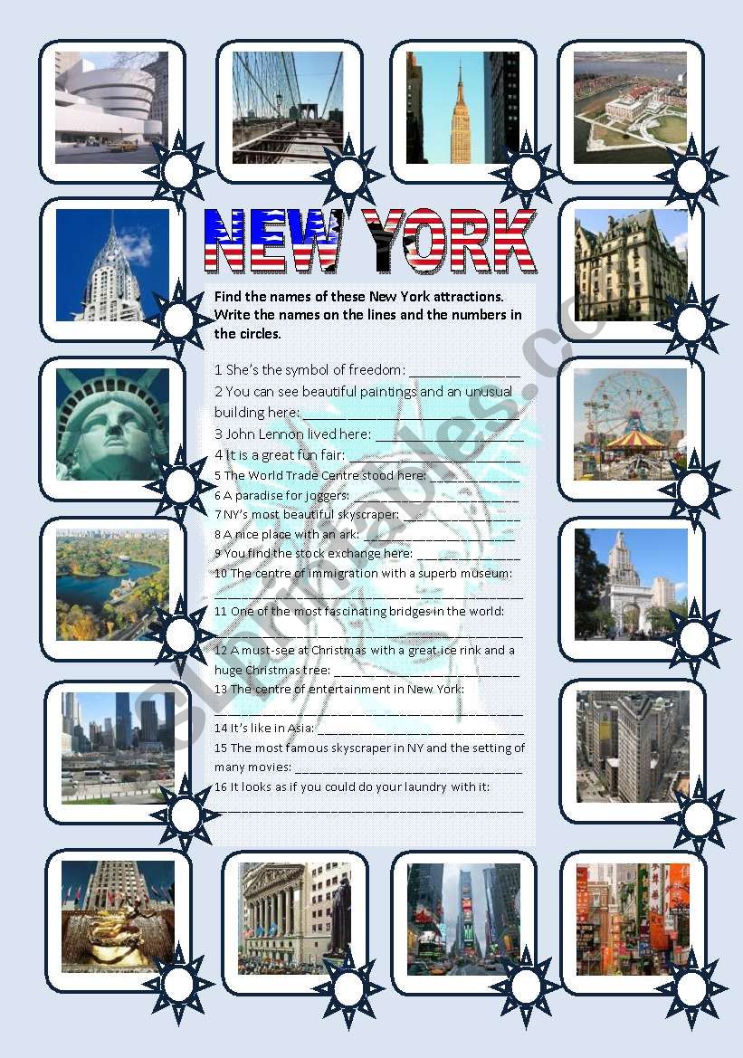 New York sights - pictionary, matching and fill-in exercise (editable, with key)