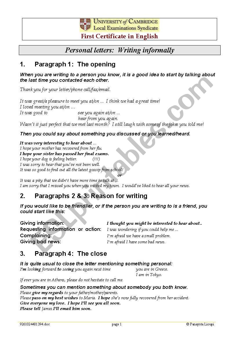 Writing informal letters worksheet
