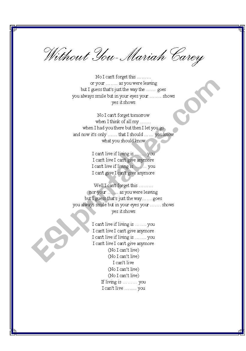 Mariah Carrey Without you worksheet