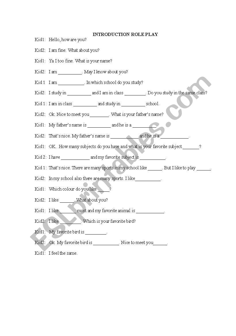 role play of introduction worksheet
