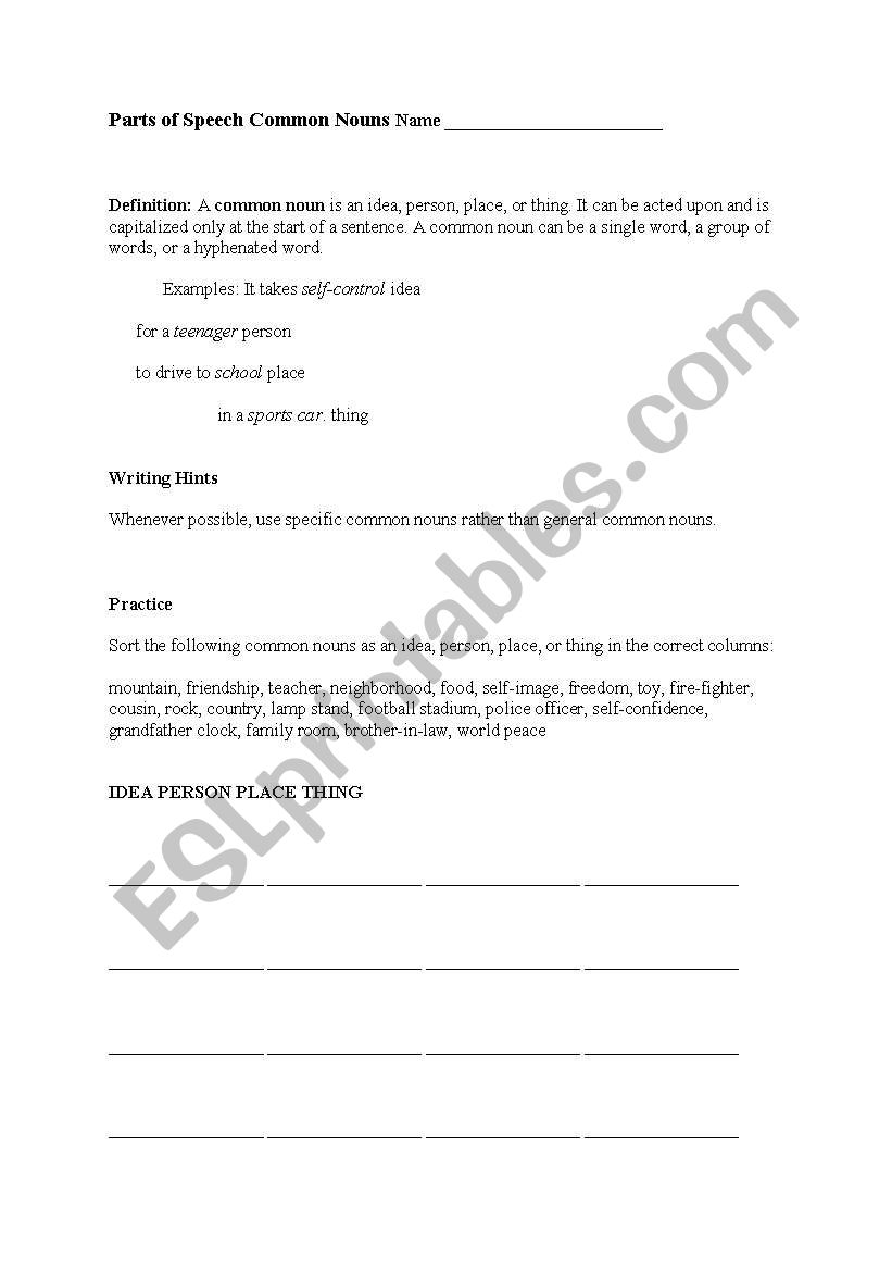 parts of common speech worksheet