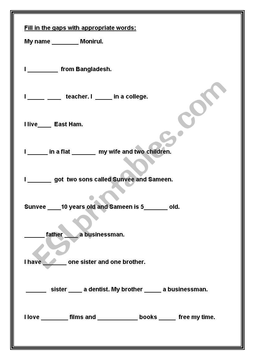 Myself worksheet