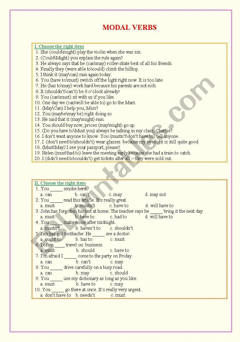 Modal vebs worksheet