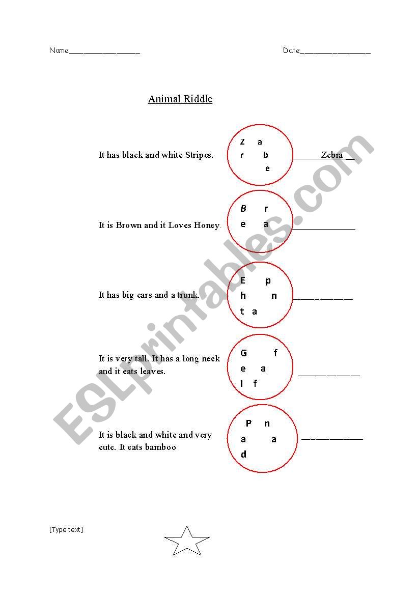 Animal Riddle worksheet