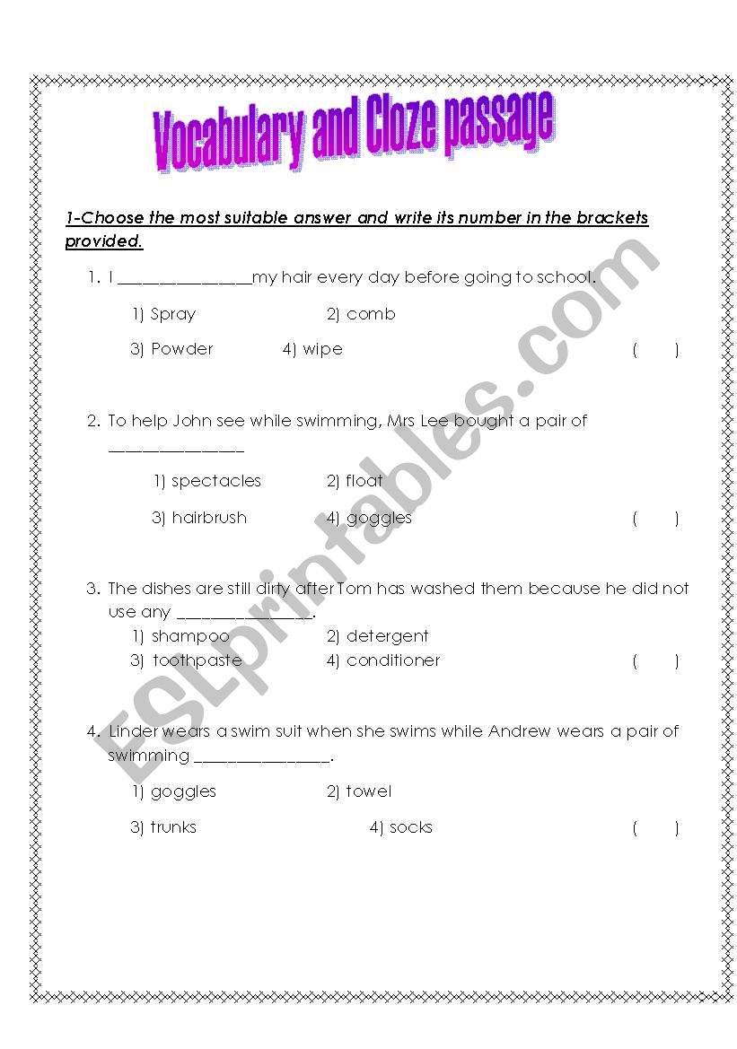 vocabulary and cloze passage worksheet
