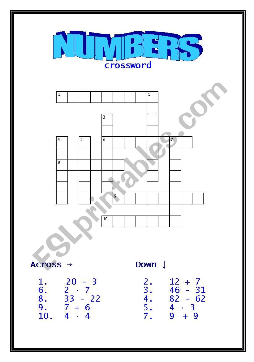 Numbers Crossword worksheet