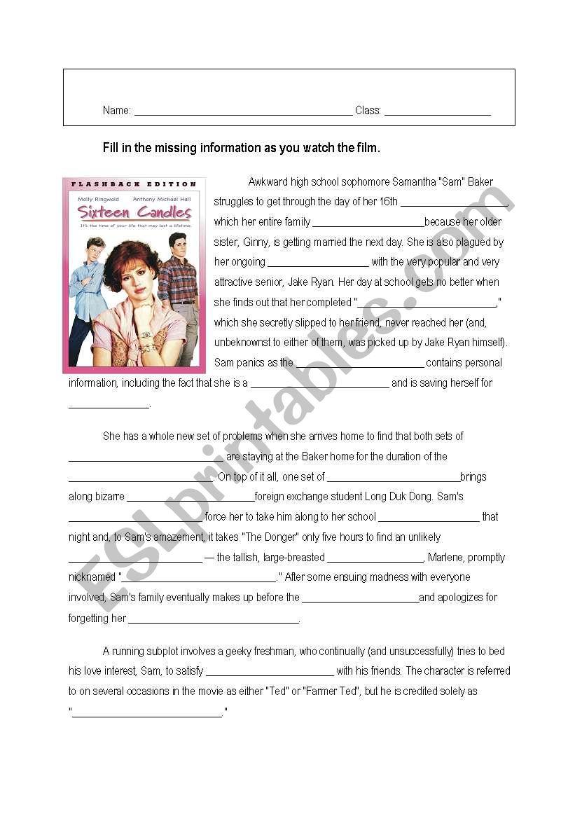 Sixteen Candles worksheet