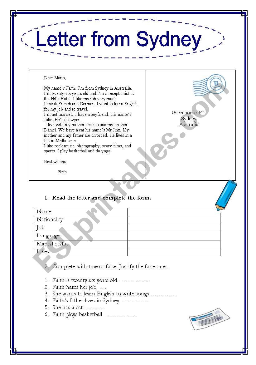 Letter from Sydney worksheet