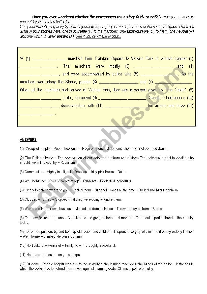 NEWSPAPER STORY worksheet