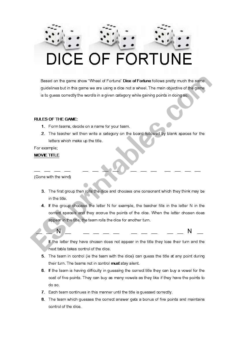 dice of fortune worksheet