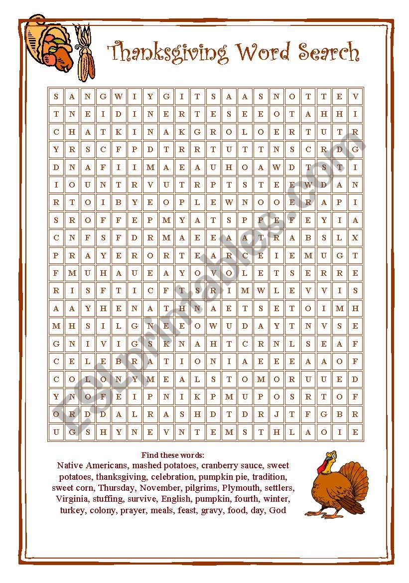 Word search for Thanksgiving  worksheet