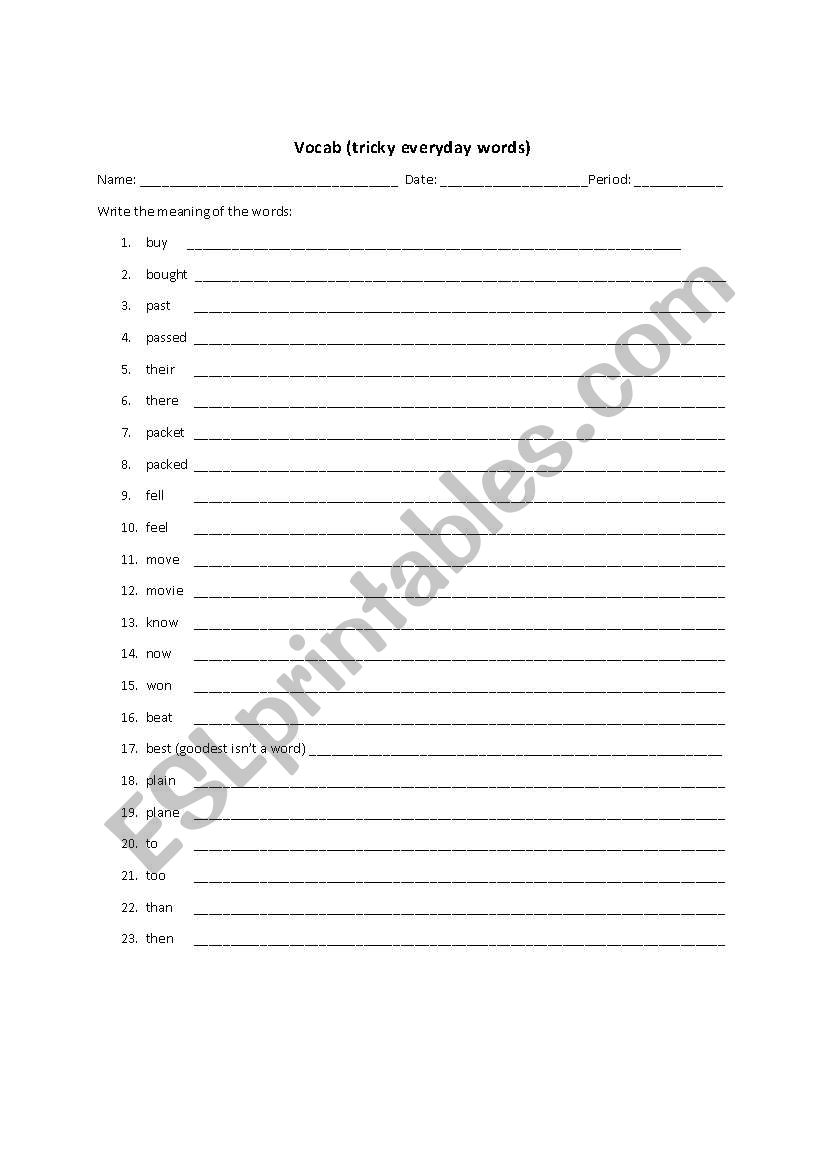 Vocab-Tricky every day words worksheet