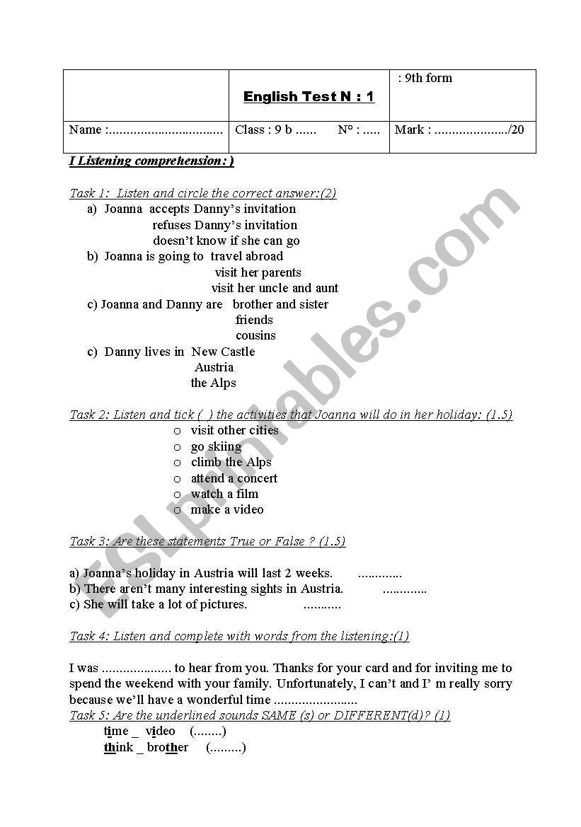 first test ( 9th form) worksheet