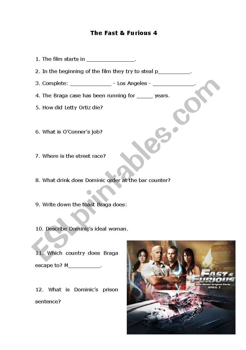 Fast and Furious worksheet