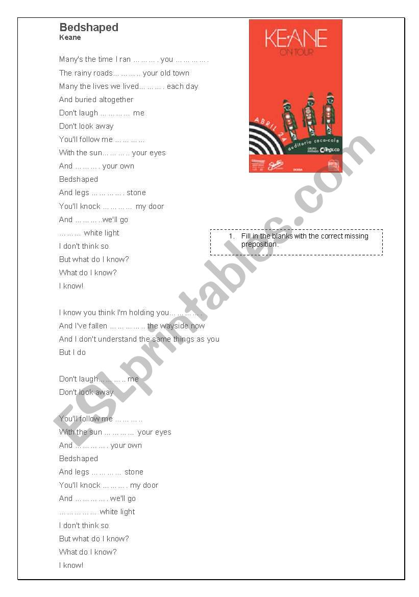 song Bedshaped by Keane worksheet