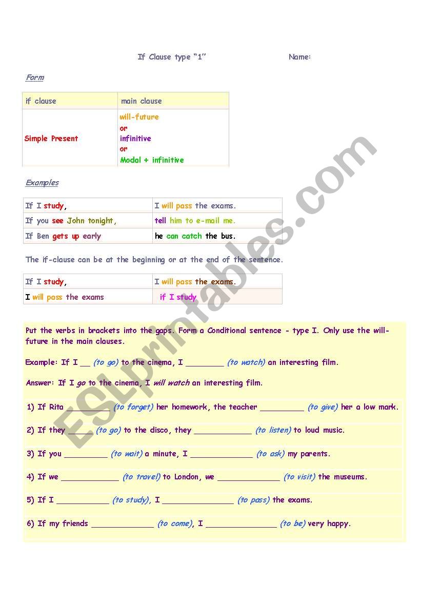 If clause type 1 worksheet