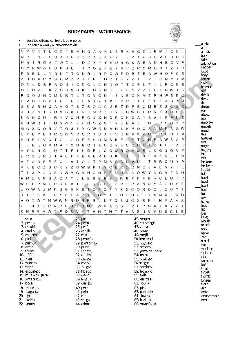 Body parts - word search and match
