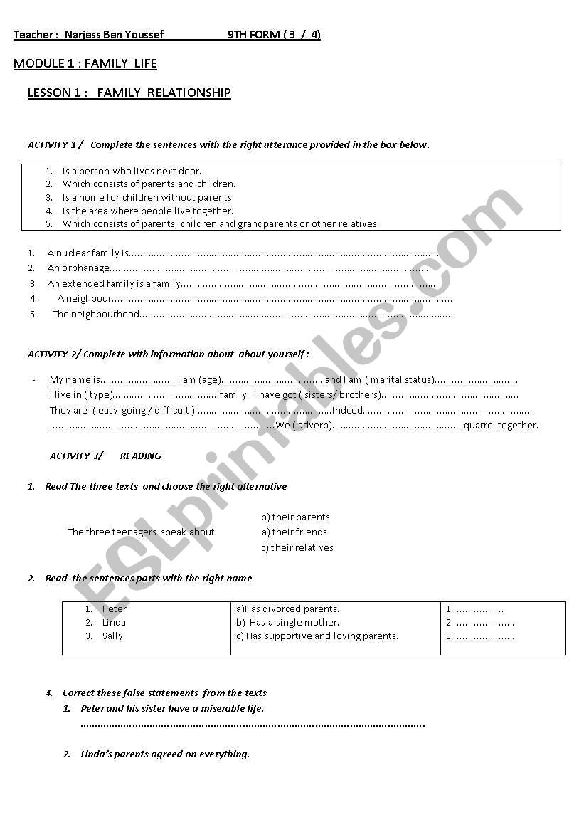   family relationships worksheet