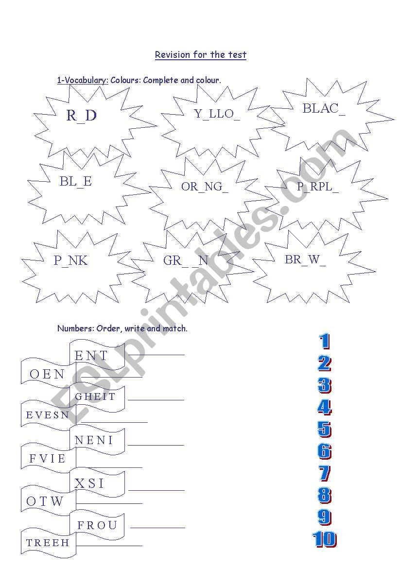 revision numbers, colours and classroom objects