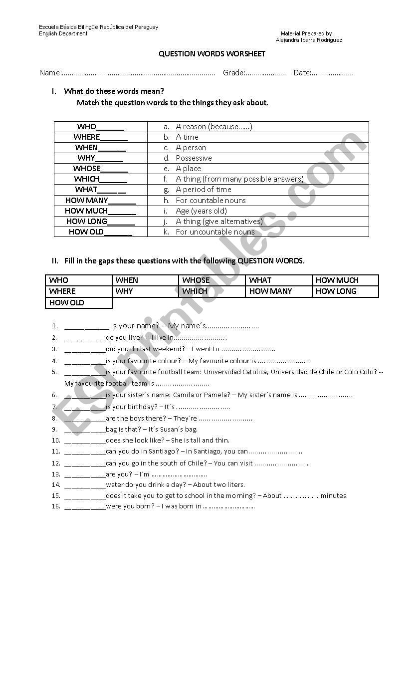 question word worksheet