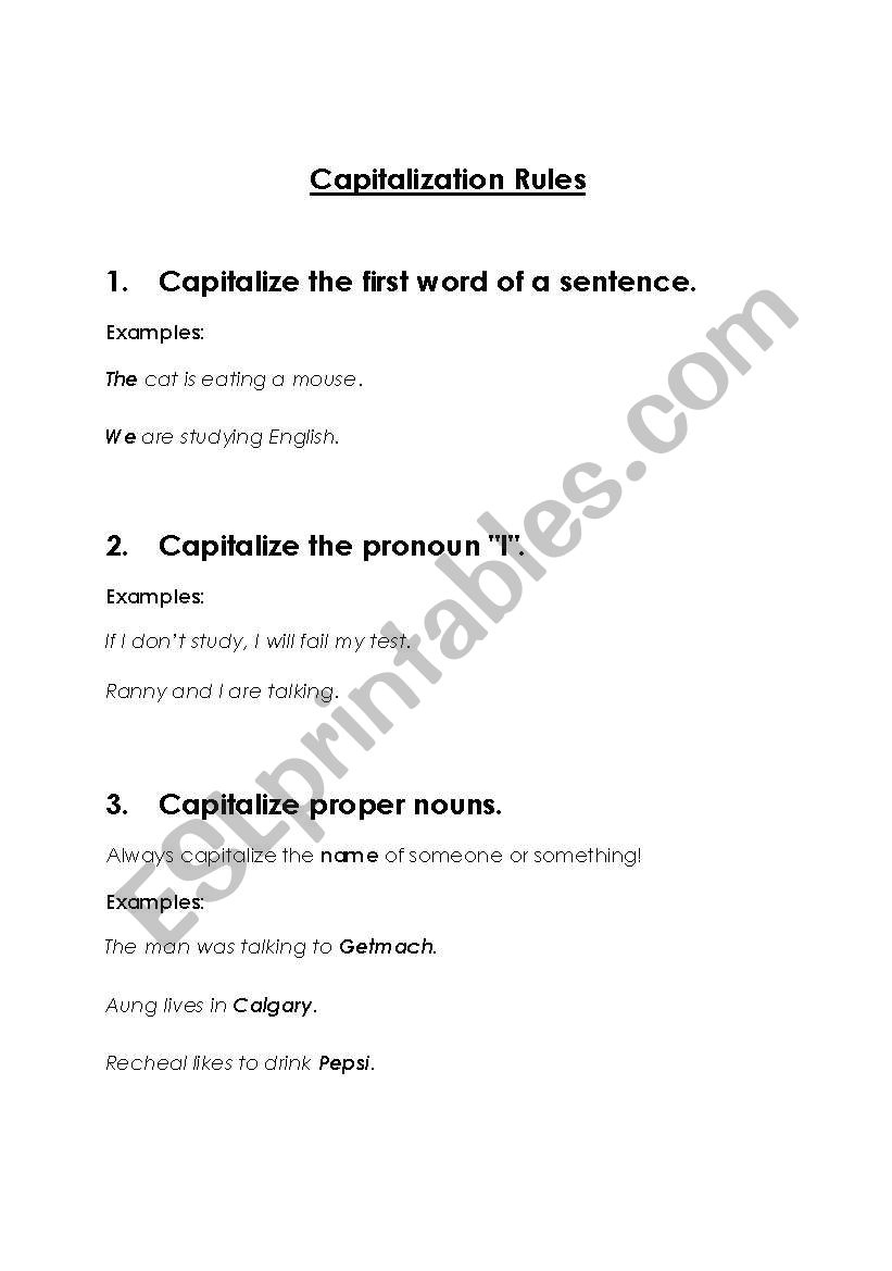 Capitalization Rules worksheet