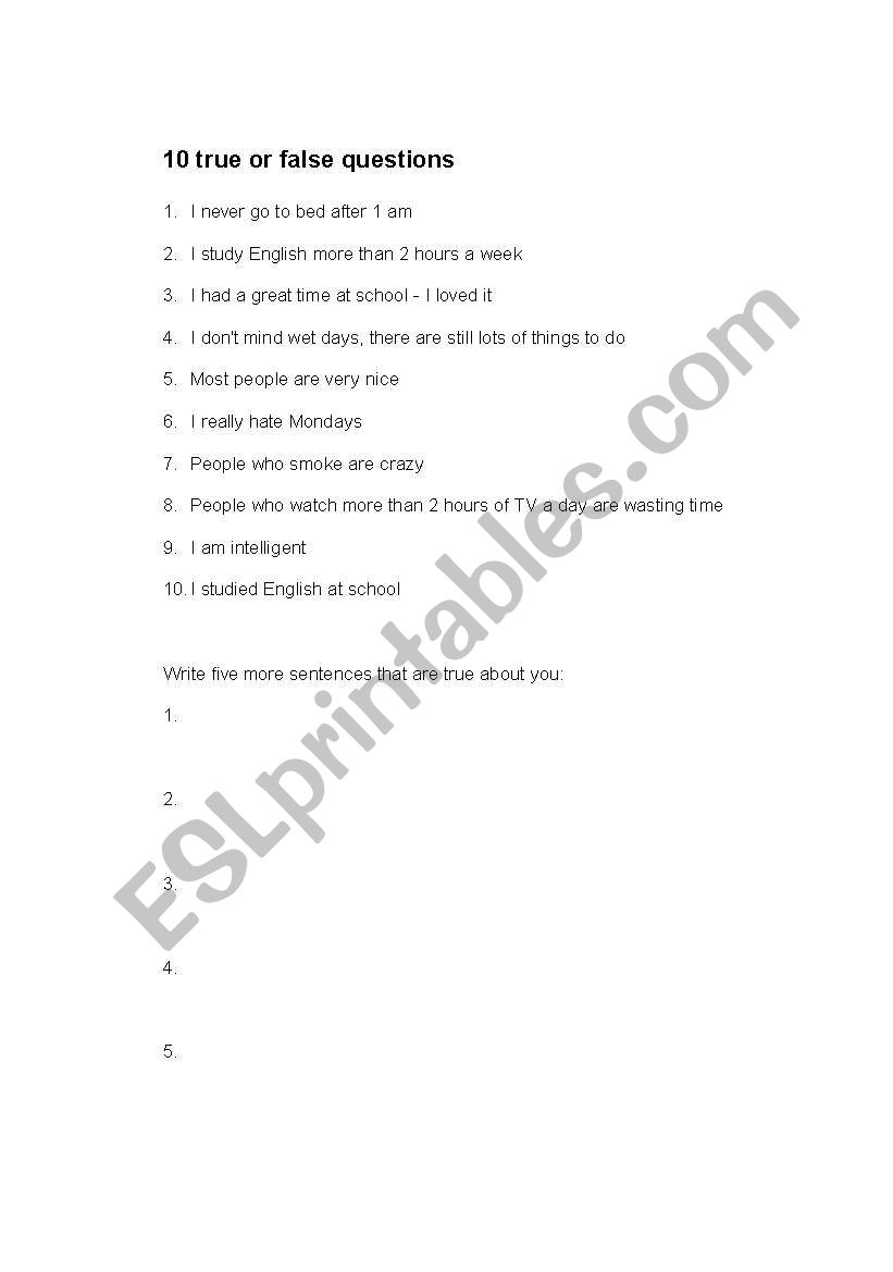 10 true false questions worksheet