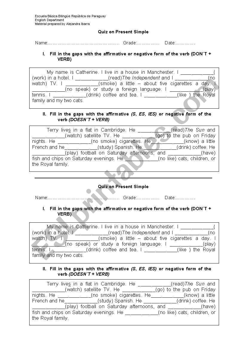 quiz on present simple  worksheet