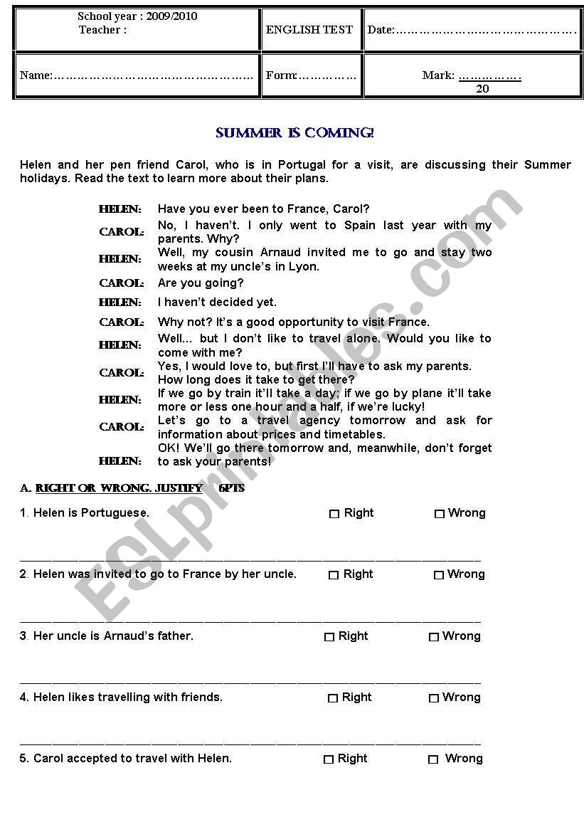 Present perfect Test worksheet
