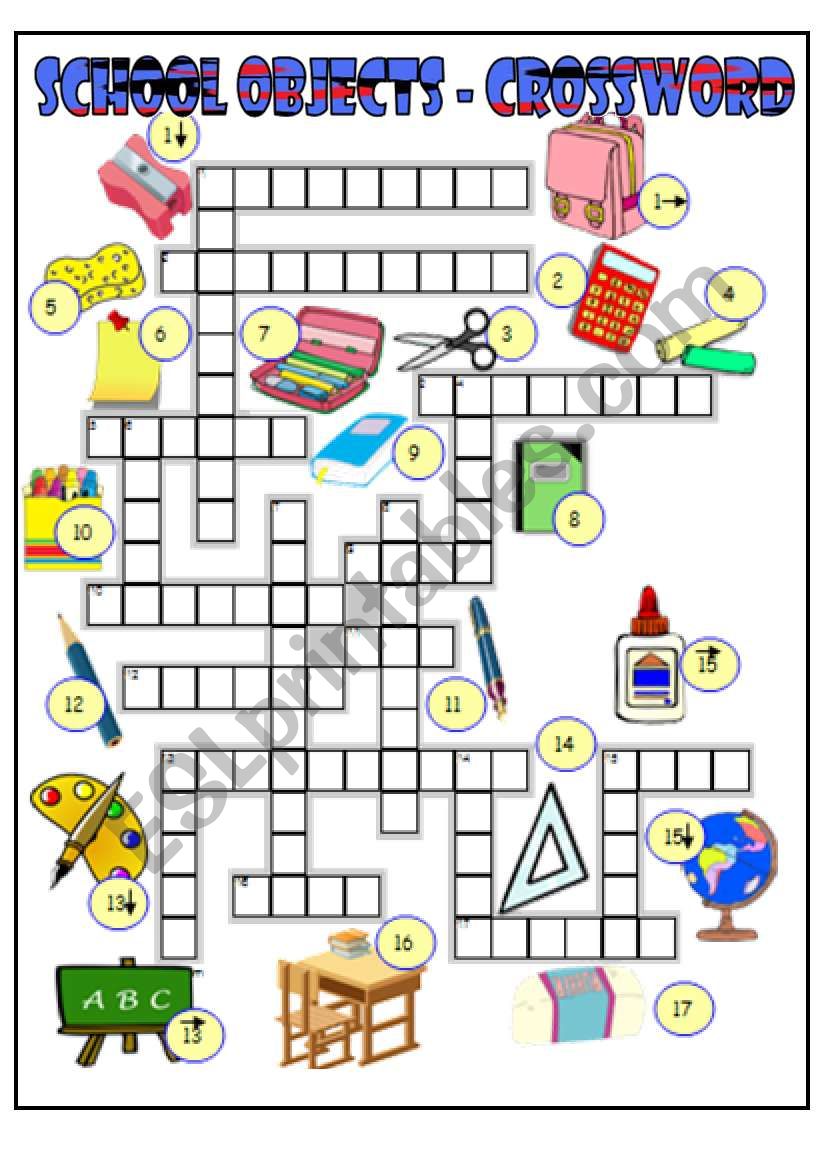 School objects crossword (BW + key)