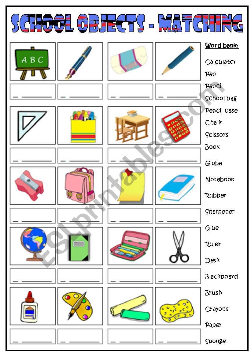 School objects matching worksheet