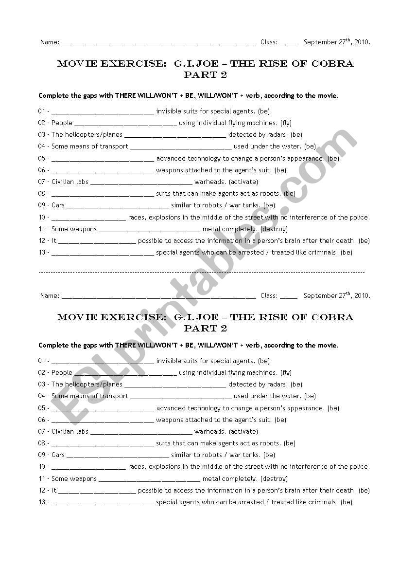 Movie Worksheet - G.I. Joe worksheet